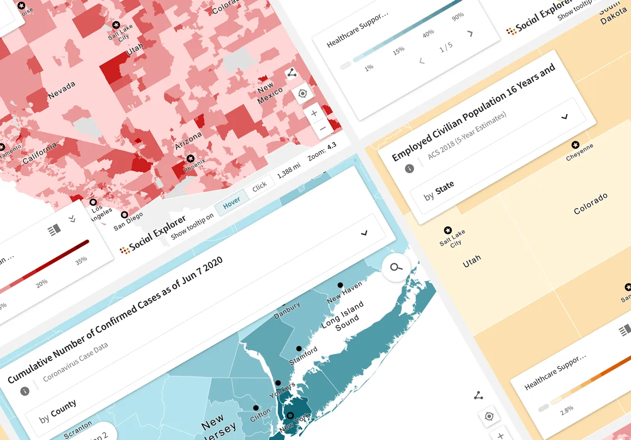 An image of four custom business and location intelligence applications created using the Social Explorer enterprise platform