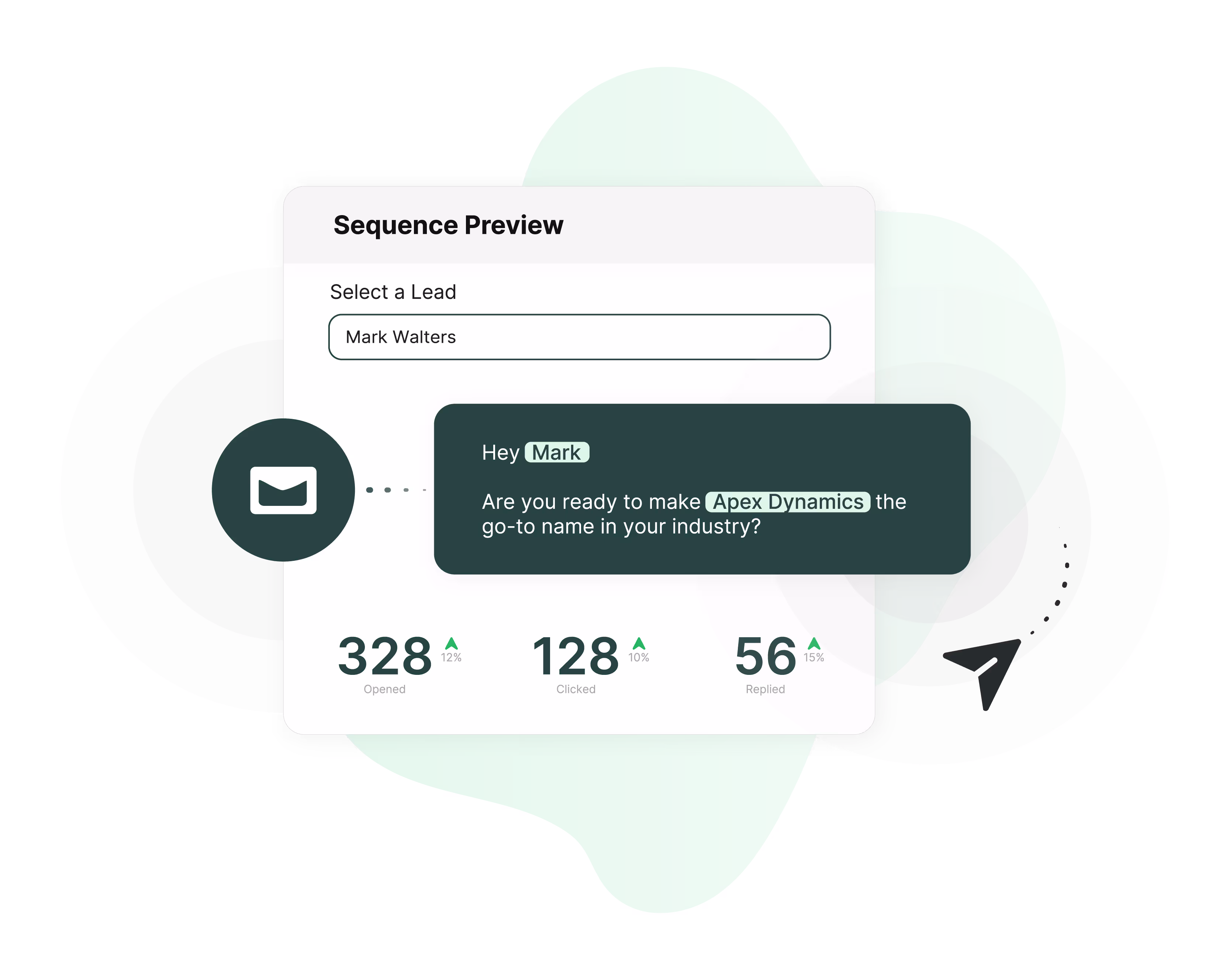 Email sequence preview with performance stats and a personalized message for an lead.