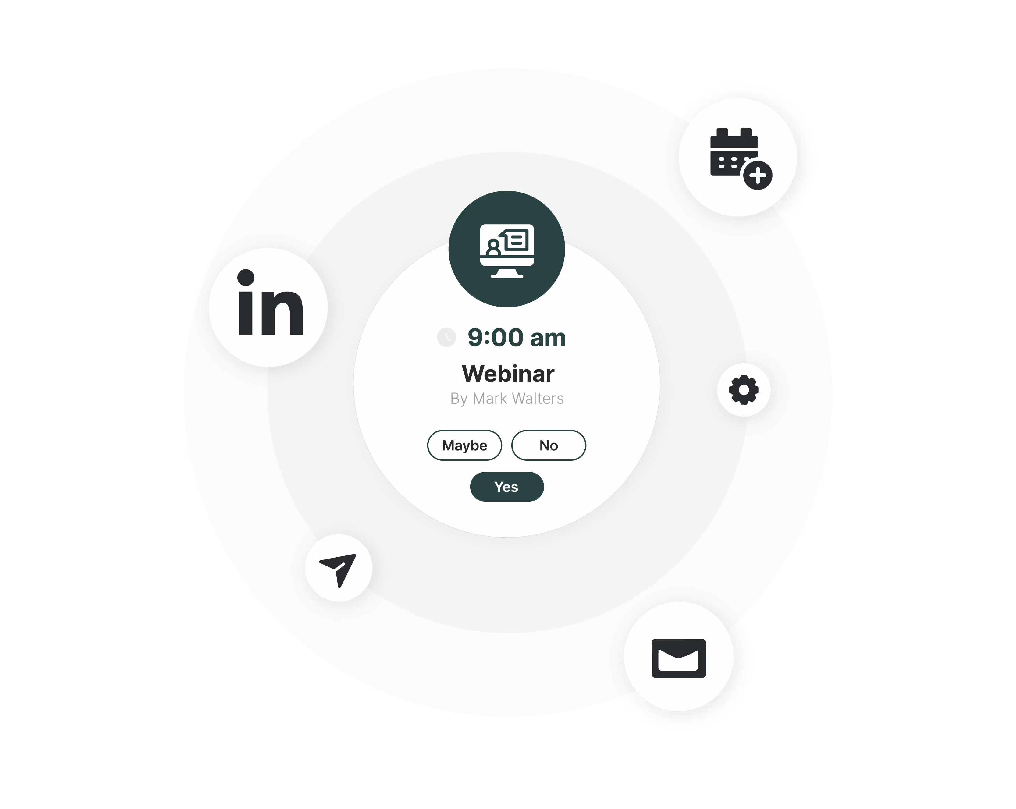 Webinar RSVP design with surrounding communication and calendar icons.