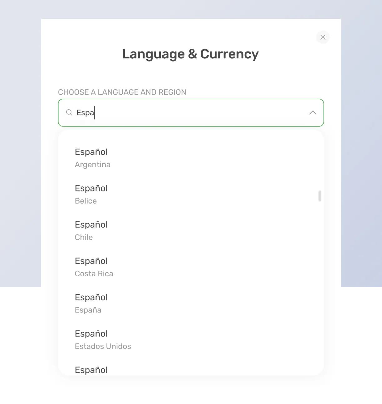 Choosing language and currency