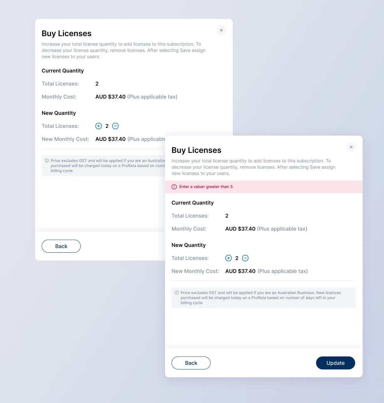 Pop-up to update license quantities and costs.