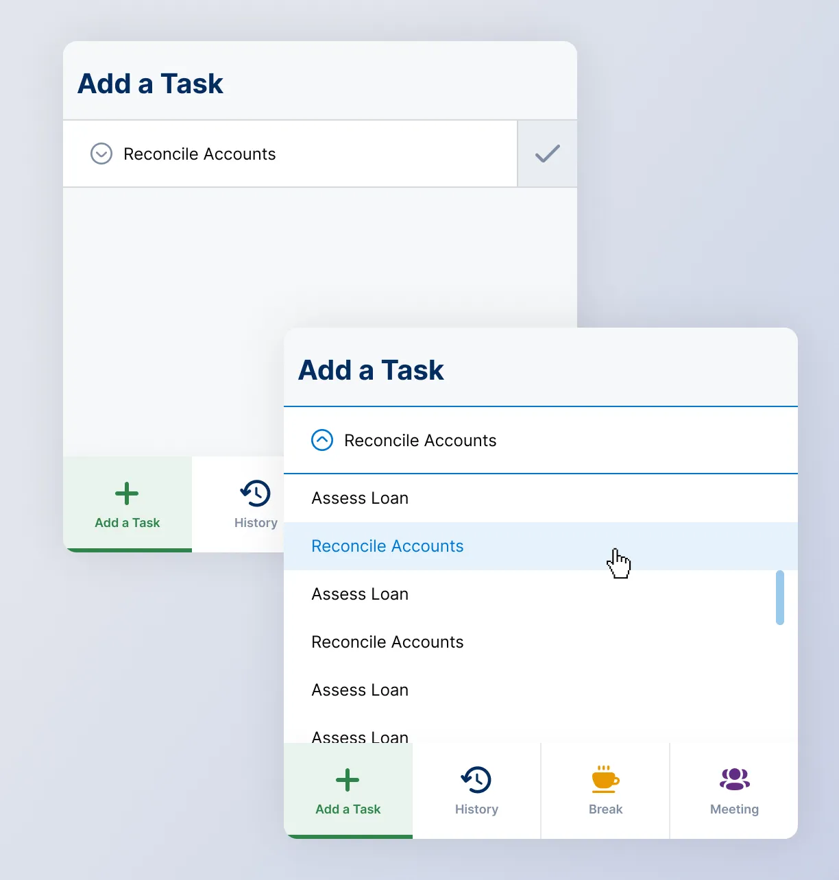 Time tracking interface displaying the process of selecting and confirming tasks to log work activities.