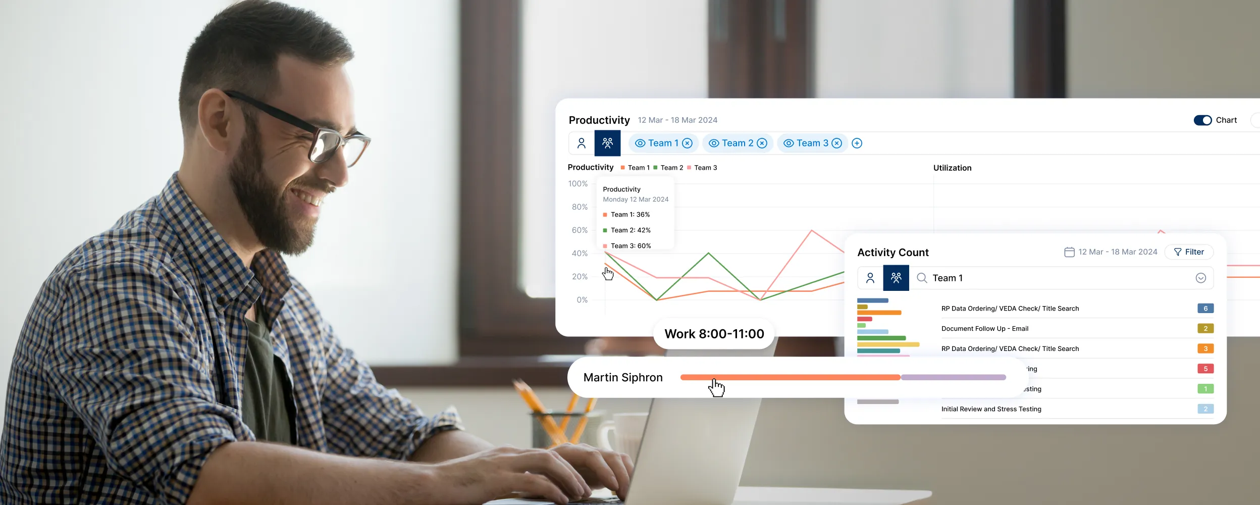 Man working on a laptop with a time tracking dashboard.