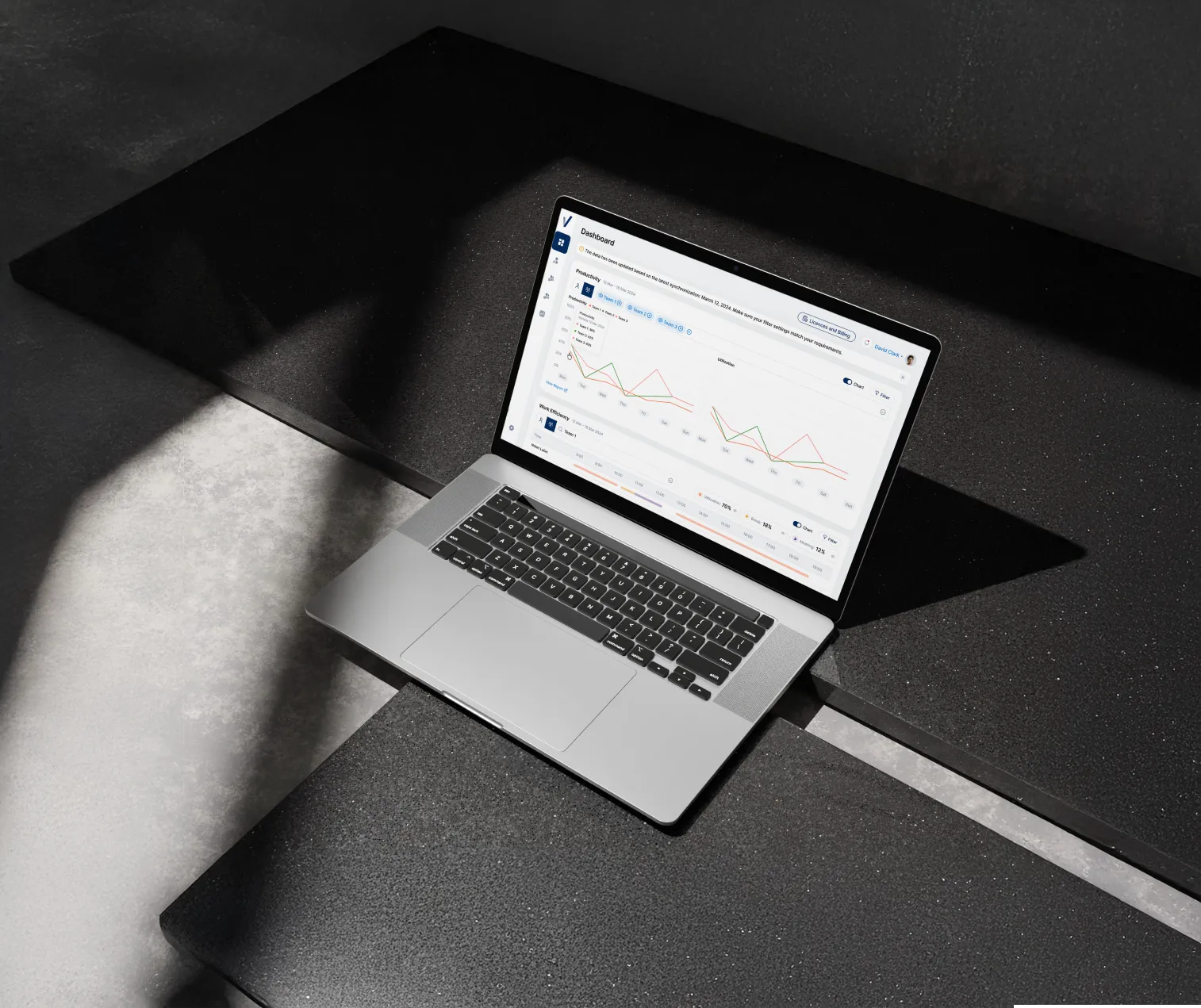 Productivity tracking dashboard displayed on a laptop screen, showcasing key metrics like team efficiency, productivity trends, and utilization rates for workforce analytics.