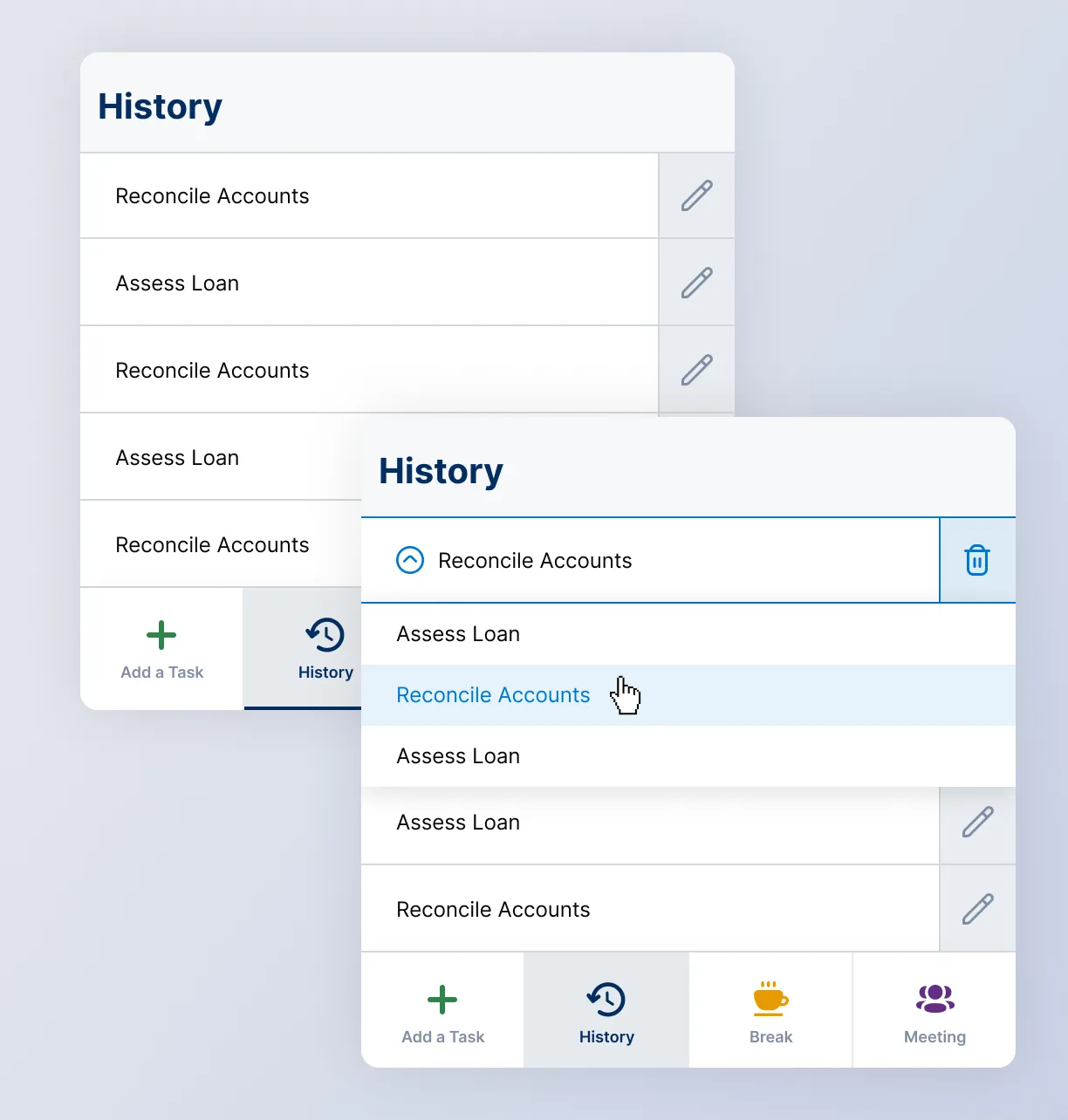 Time tracking history interface showing logged tasks with options for editing or correcting entries.