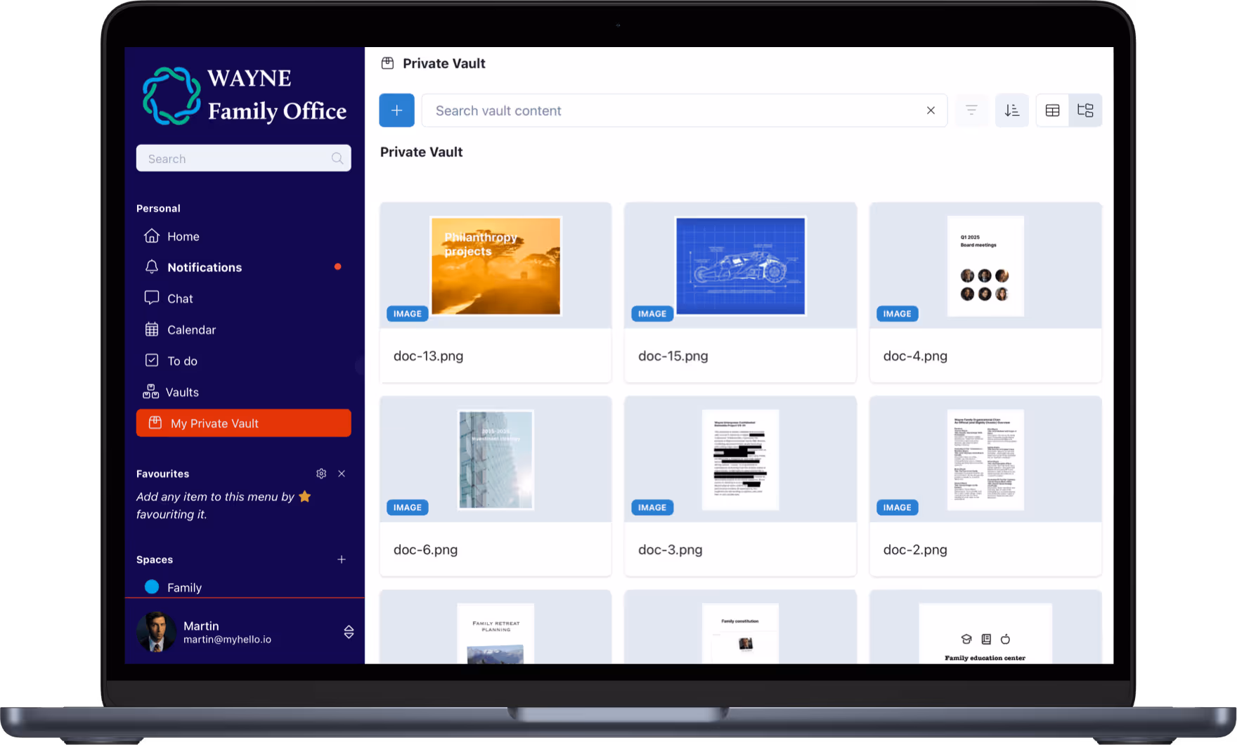 familyOS - MacBook with documents & vaults feature