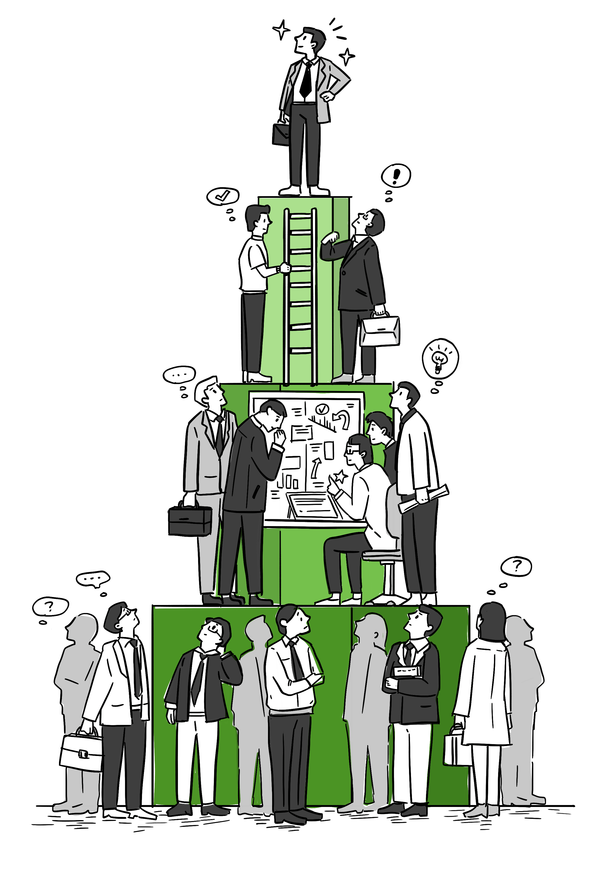 Illustration of business people standing on ascending green blocks representing career growth or hierarchy.