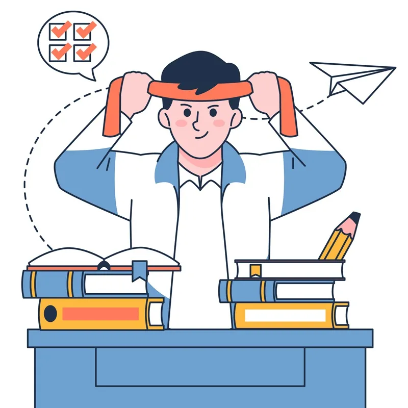 Drawing of a student tying a headband getting ready to study