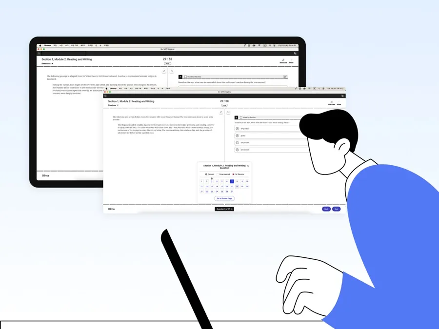 Drawing of student on computer taking the practice SAT test