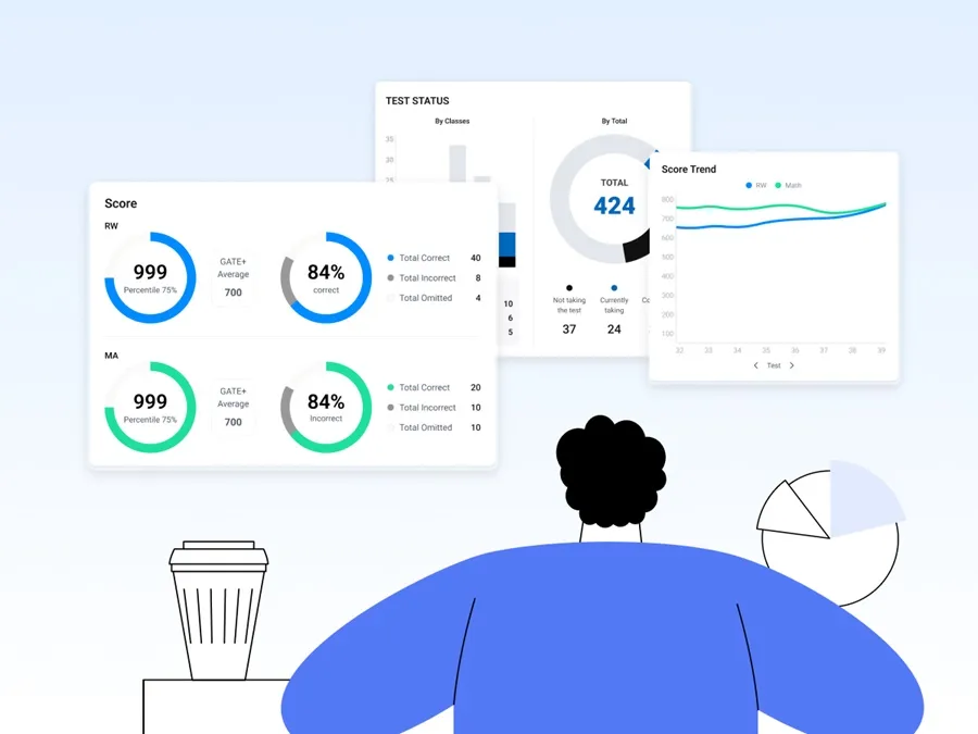 Drawing of a man looking at analytic graphs and charts