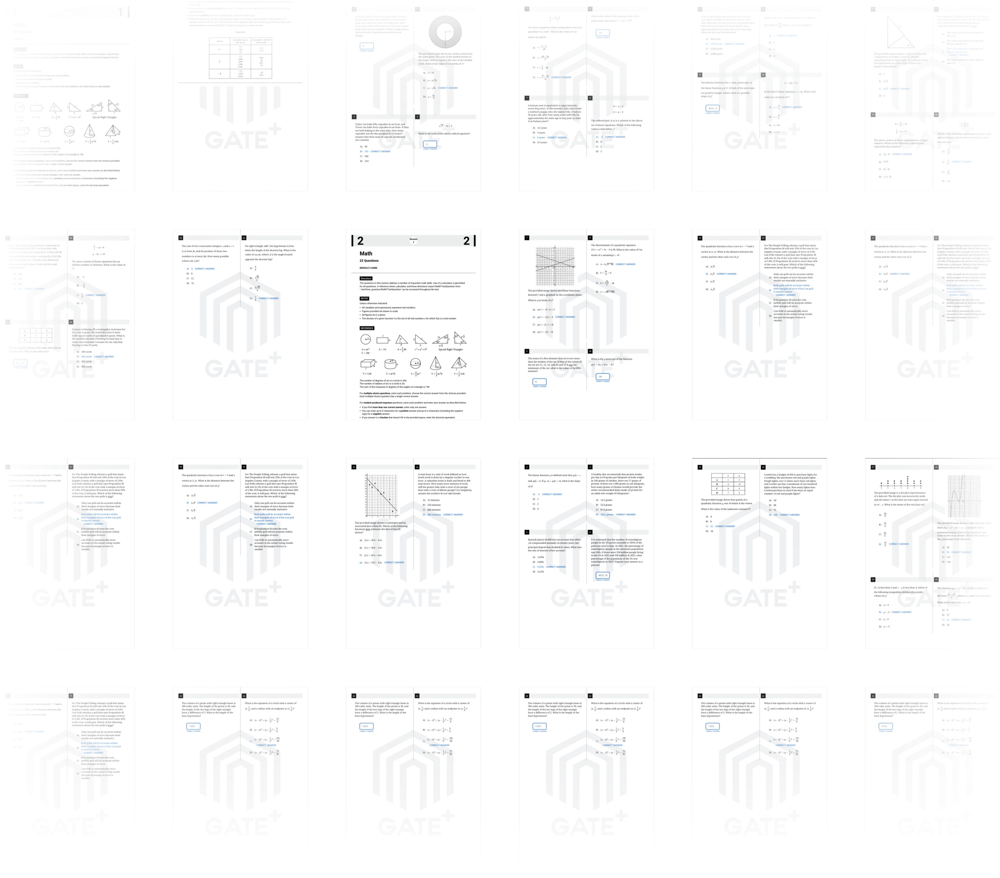 A preview of digital SAT math practice questions from Gate+, showcasing sample problems, diagrams, and answer choices.
