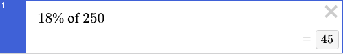 Desmos calculation showing “18% of 250” entered, with the result displayed as 45 on the right.