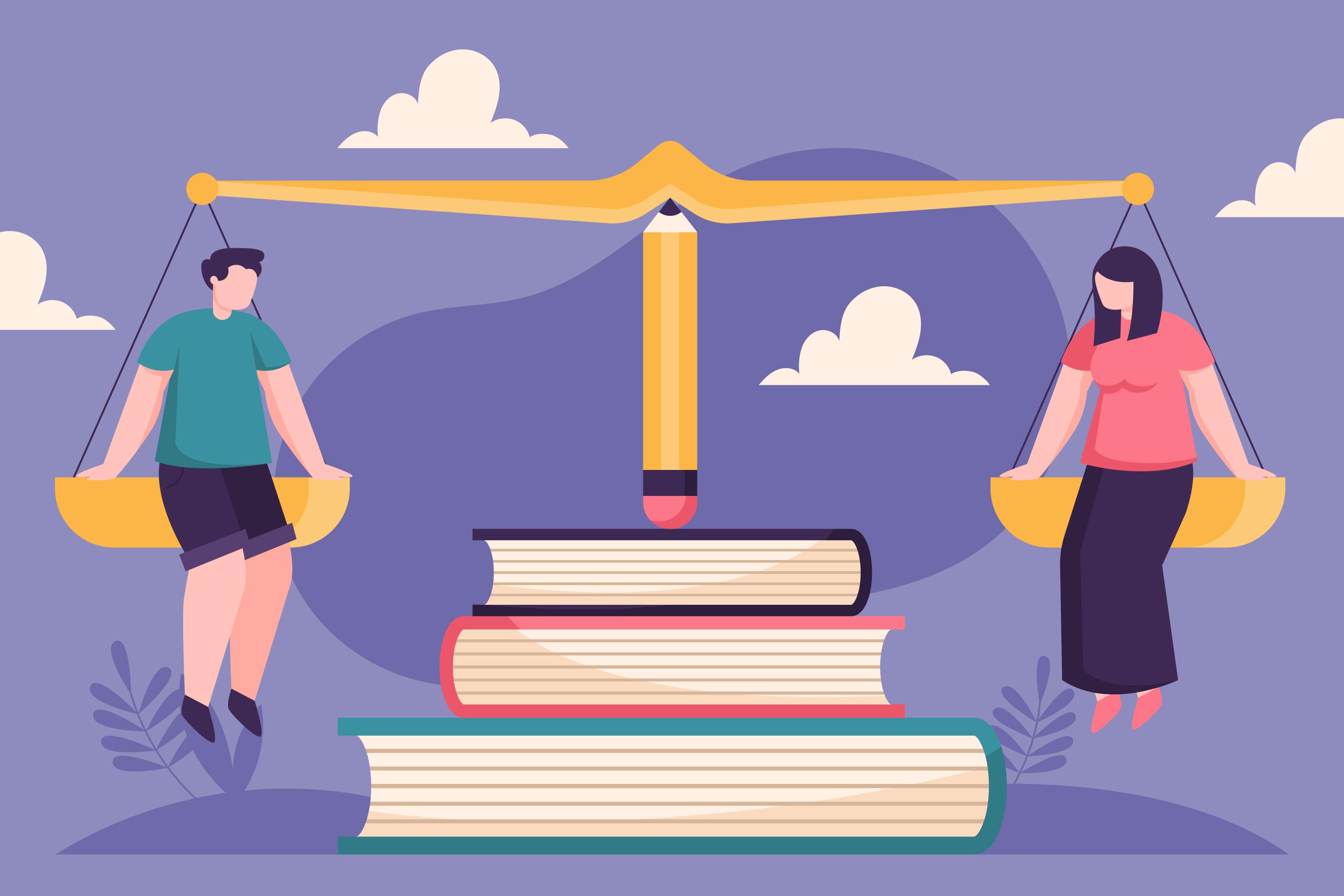 Illustration of students on a balanced scale over books, symbolizing SAT fairness and questioning if test difficulty changes by month such as October.