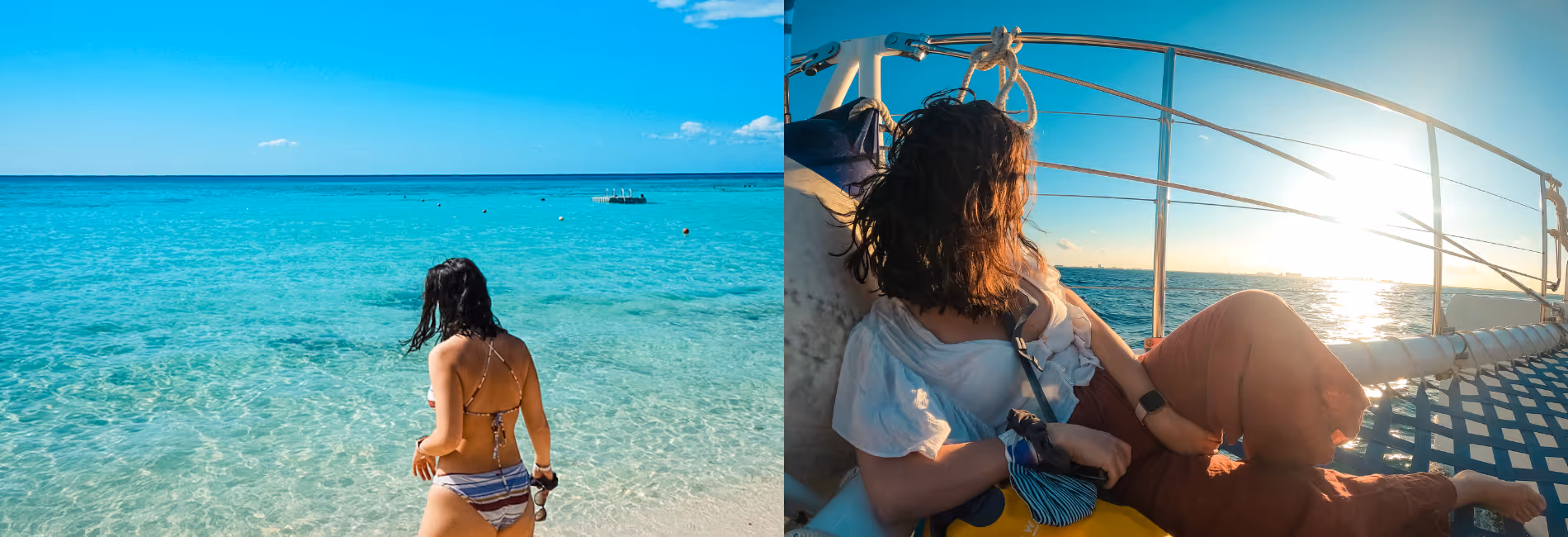 Two photos of Alba in Cozumel, one sailing on a boat, and another one at a crystal clear blue water beach
