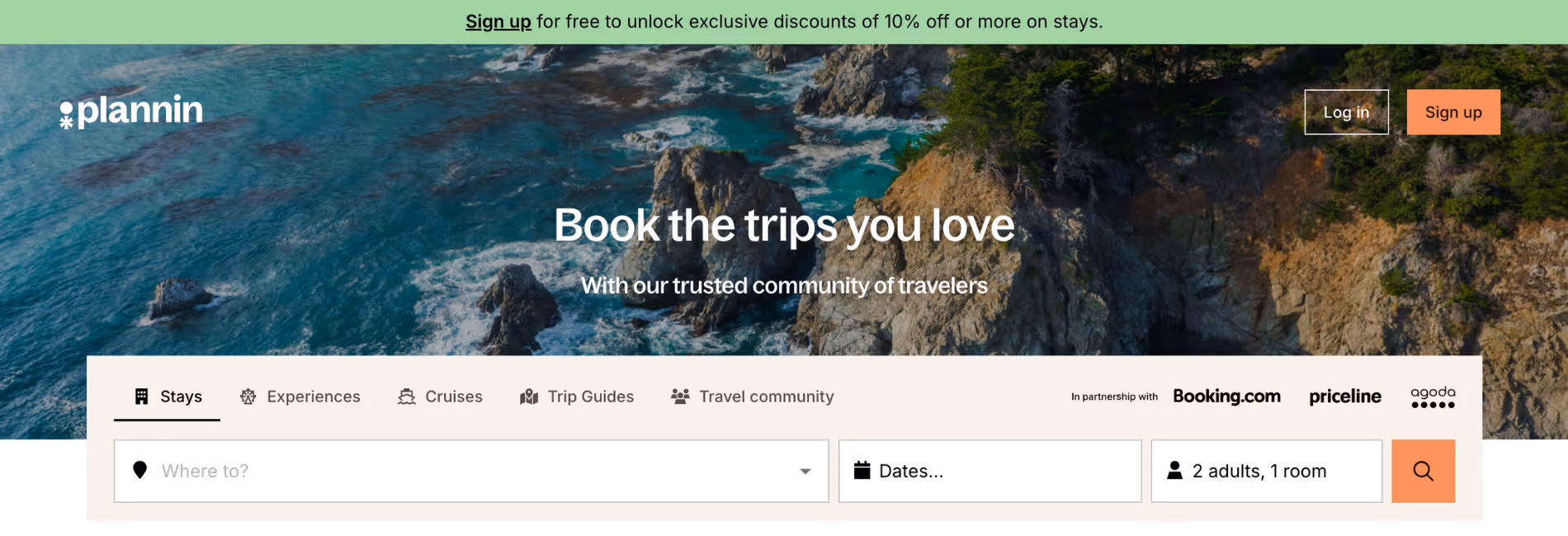 Image of the Plannin.com website where you can book trips and discover exclusive travel offers and discounts