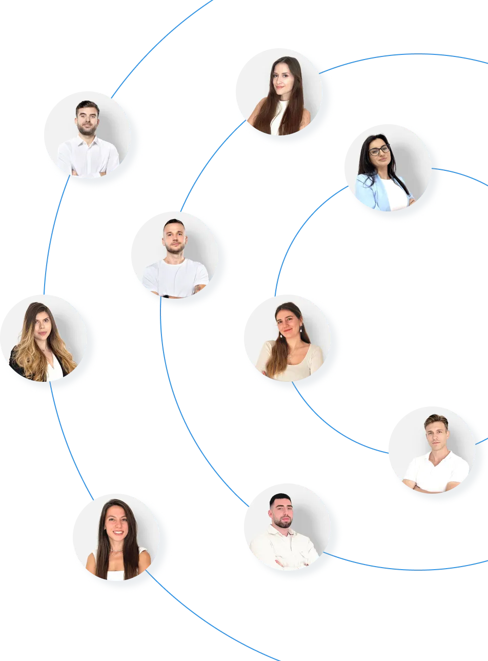Profile portraits of nine diverse men and women arranged in a connected circular network on a white background.