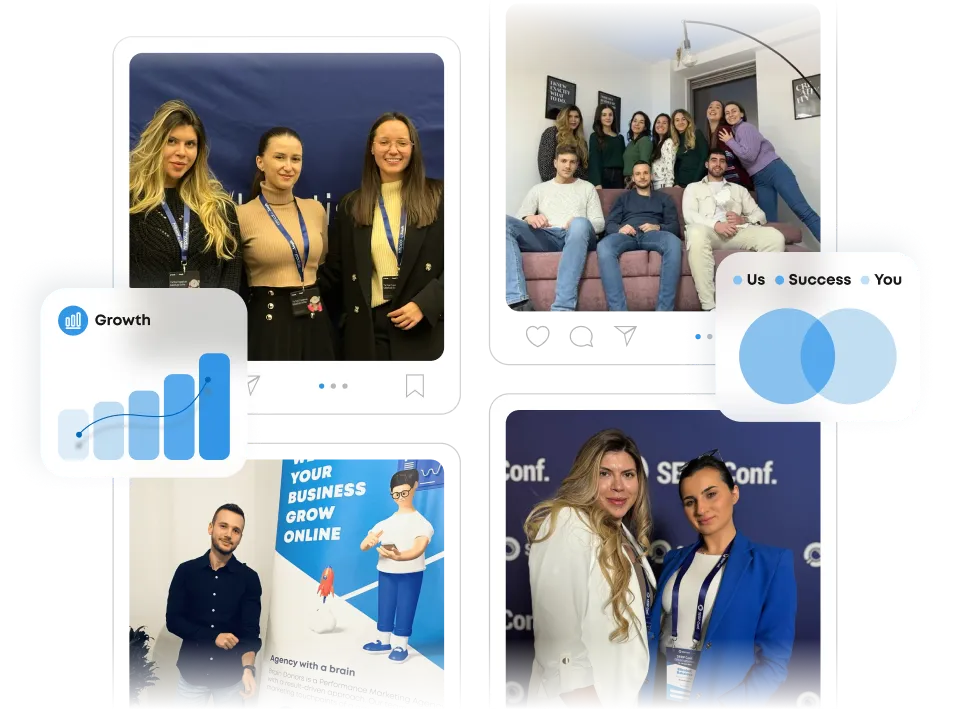 Collage showing diverse professional teams posing in offices and at conferences, alongside growth and success data graphics.