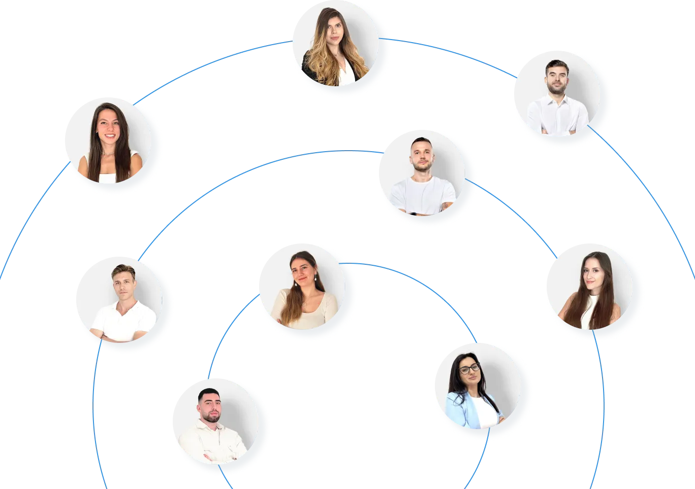 Portrait photos of nine diverse young professionals arranged in a circular network connected by blue arcs on a white background.