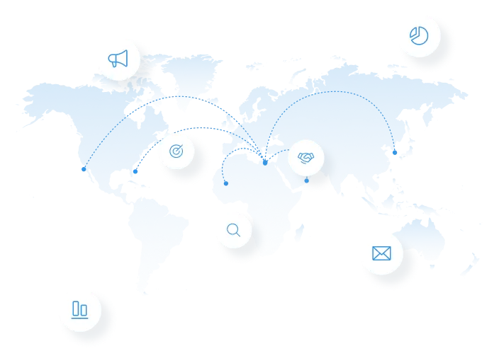 Blue world map with white circular icons representing marketing, target, handshake, data analysis, email, search, and statistics connected by dotted lines.