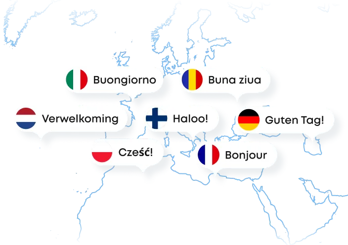 Speech bubbles with greetings in different European languages, each accompanied by its national flag: Italian 'Buongiorno', Romanian 'Buna ziua', Dutch 'Verwelkoming', Finnish 'Haloo!', German 'Guten Tag!', Polish 'Cześć!', and French 'Bonjour'.