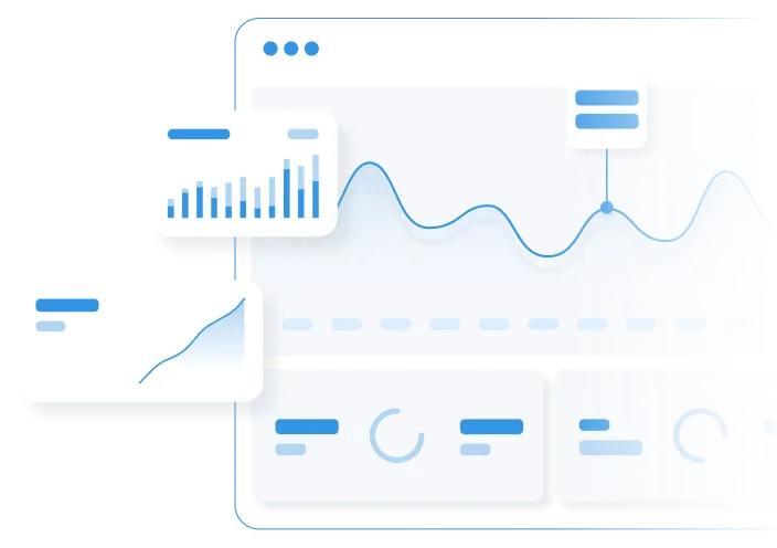 Stylized analytics dashboard with line charts, bar graph, and circular progress indicators in blue and white tones.