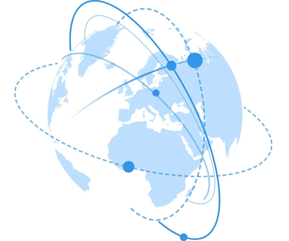 Stylized globe illustrating global connections with curved blue lines and dots linking multiple continents.
