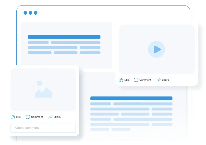 Abstract illustration of social media posts with like, comment, and share icons, including text blocks, a photo placeholder, and a play button for video.