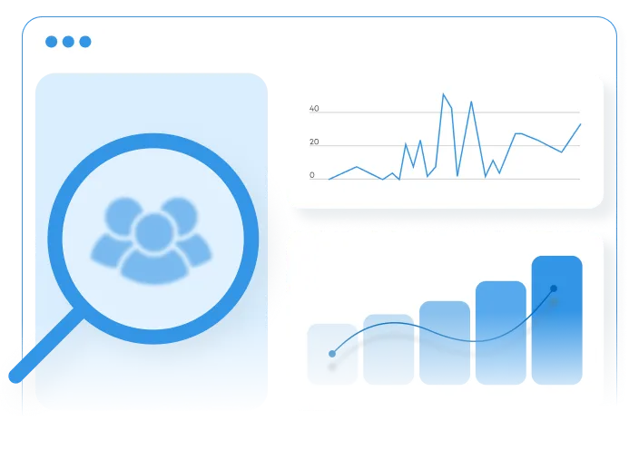 Browser window showing a magnifying glass focusing on a group of people icon and two charts displaying line and bar graphs with data trends.