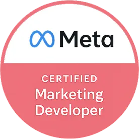 Meta Certified Marketing Developer badge with Meta logo and text on a pink and white circular background.