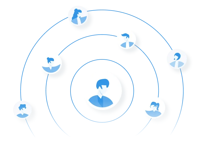 Central human icon surrounded by six other human icons connected in concentric circles symbolizing network or social connections.