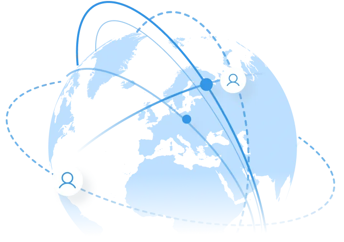 Blue stylized globe with curved lines and icons representing connected users across different continents.