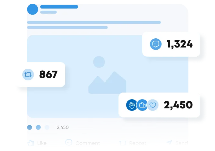 Illustration of a social media post with engagement stats showing 867 reposts, 1,324 comments, and 2,450 combined likes, claps, and hearts.