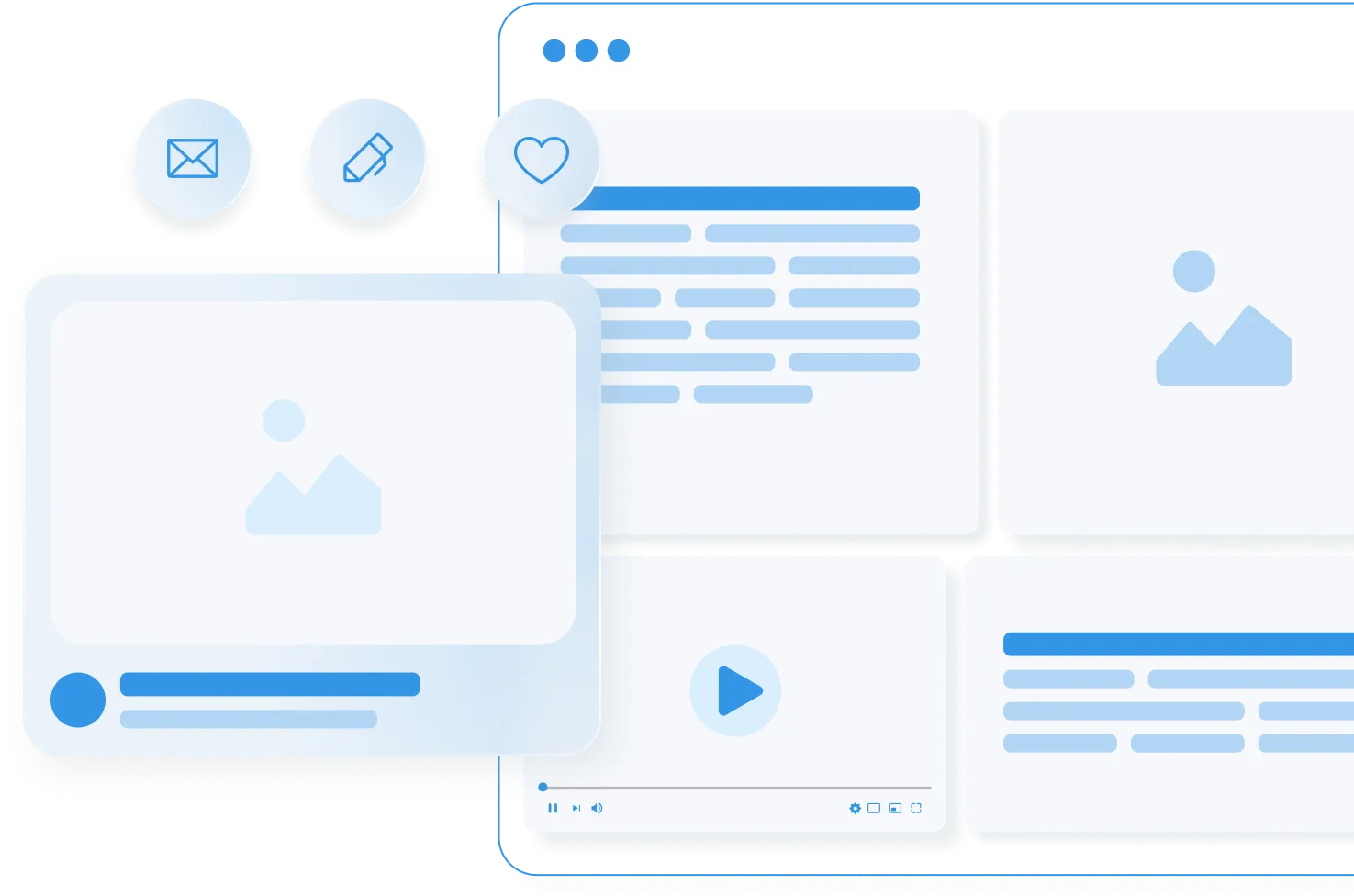 Illustration of a content marketing interface with text blocks, image placeholders, a video player, and icons for email, editing, and liking.