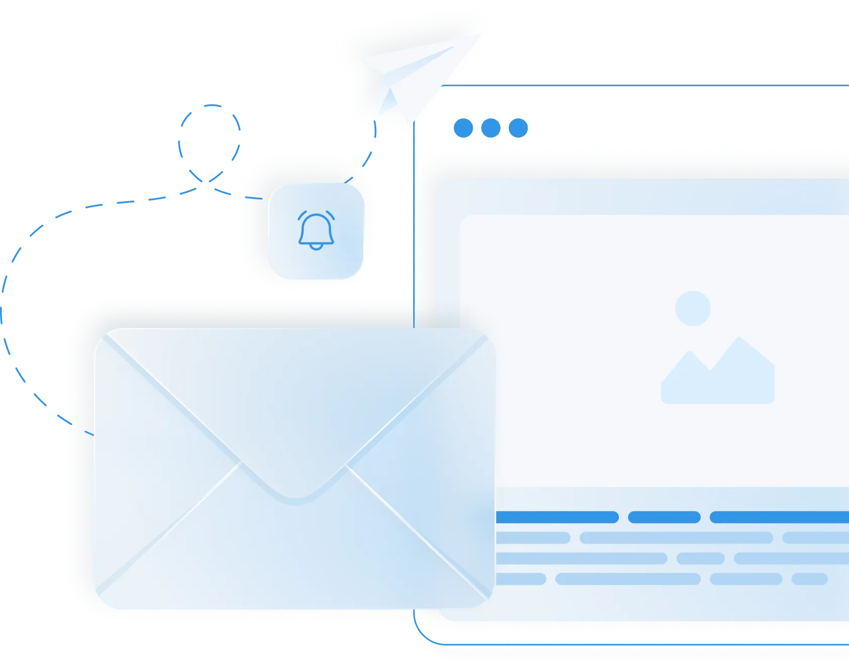 Illustration of an envelope, a paper plane icon, a notification bell, and a stylized email or webpage layout.