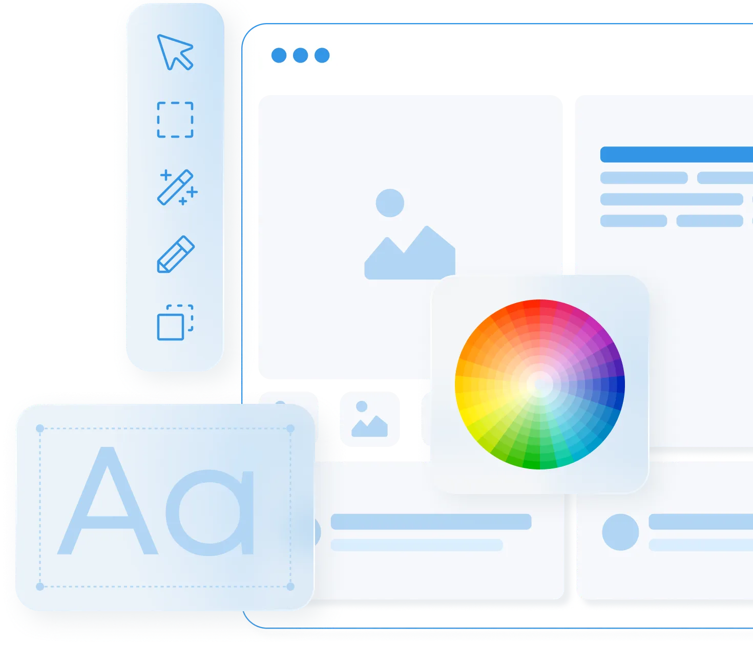 Graphic interface elements for web design, showing a toolbar with selection, magic wand, pencil, text tool, a color wheel, and layout blocks with images and text placeholders.