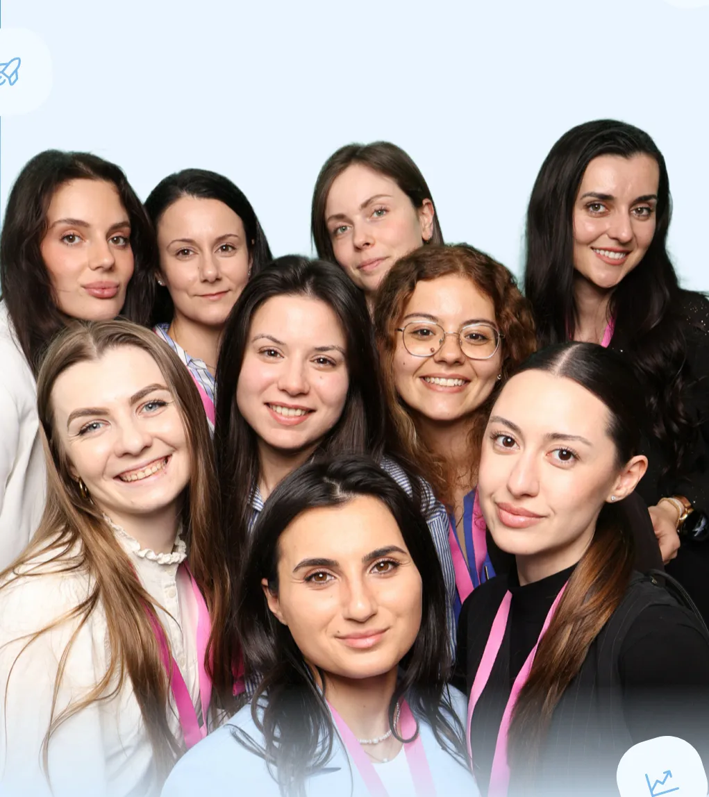 A part of BrainDonors team posing closely against a light blue background.