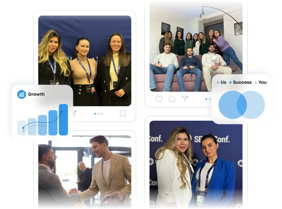 Collage showing diverse professional teams posing in offices and at conferences, alongside growth and success data graphics.