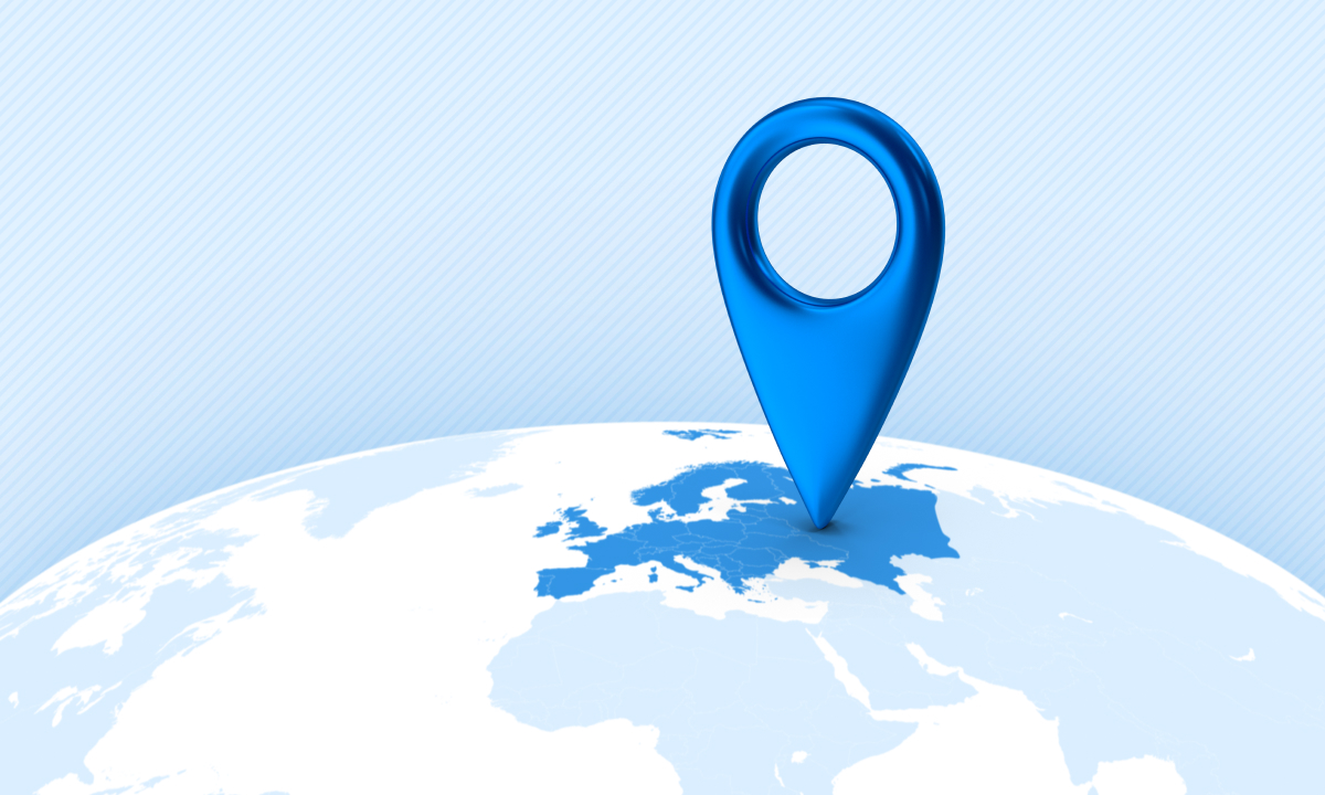 Europe with a blue pin on it