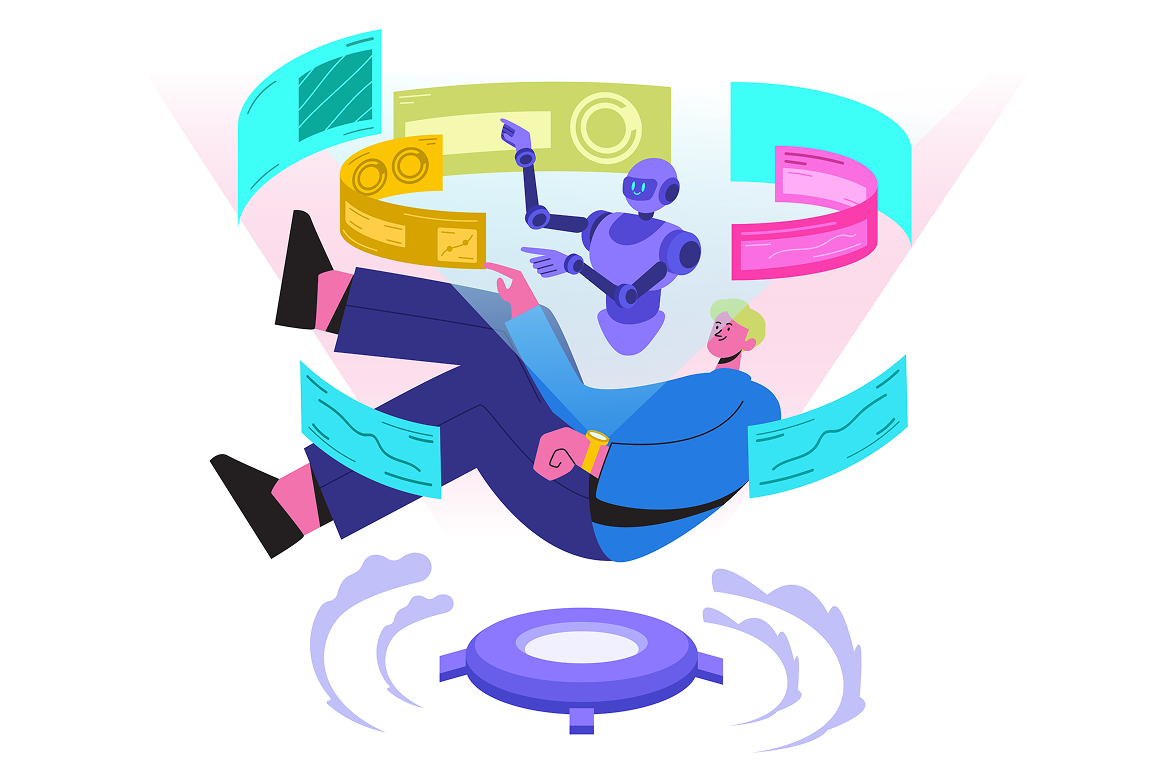 person hovering with displays and an ai agent above