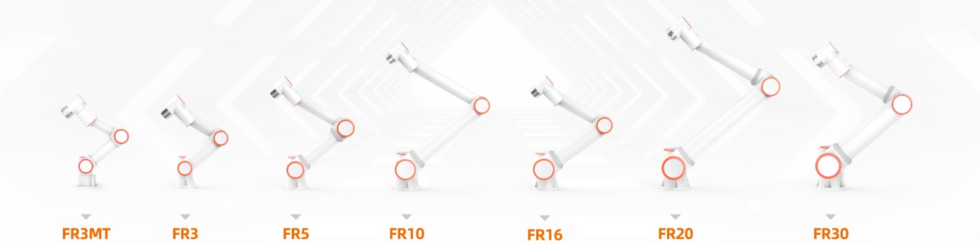 Lineup of Fairino robotic arms with orange accents, labeled FR3MT, FR3, FR5, FR10, FR16, FR20, and FR30, increasing in size from left to right.