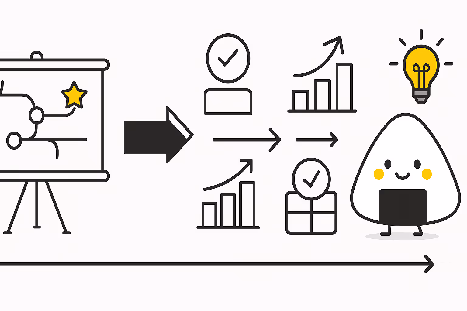 An illustration of a friendly onigiri logo character managing a product roadmap, with visuals for prioritization frameworks like the Impact vs. Effort Matrix, a balancing scale, and a performance chart.