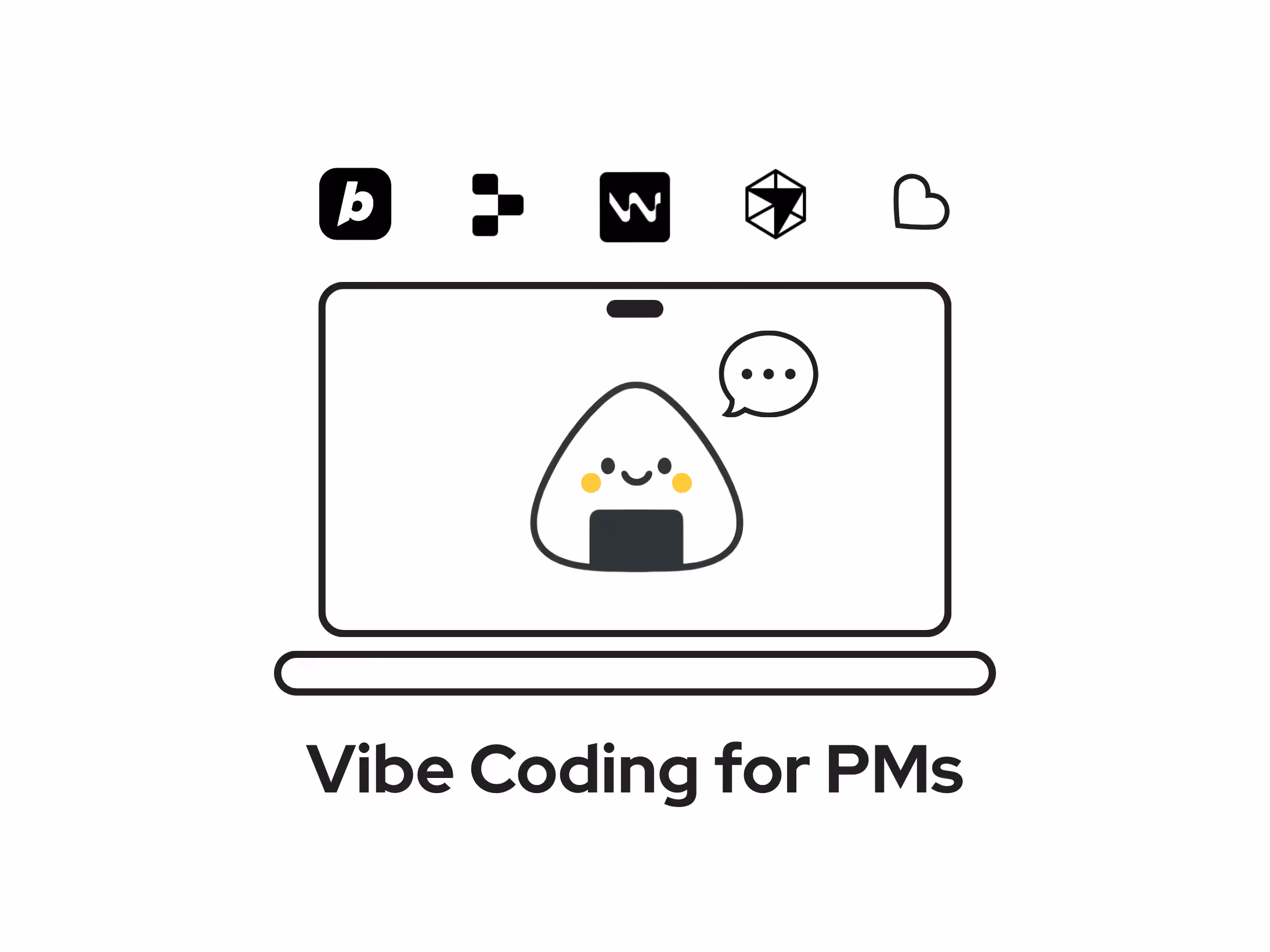 A cartoon drawing of the Product People 'onigiri' teaching, with various AI tools, to excel at vibe coding and its interviews for PMs
