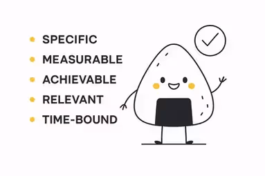 A cheerful onigiri illustrates a mind map for SMART goals in product management, with icons for Specific, Measurable, Achievable, Relevant, and Time-bound.