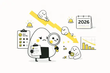 Product People onigiri depicting customer attrition: rice ball characters leaving a group and a data graph.