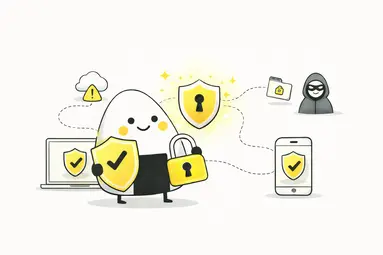 Product People onigiri mascot protecting data with encryption shield and privacy lock, illustrating essential data security concepts.