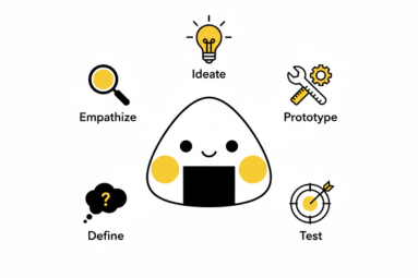 Product People onigiri depicting design thinking process: empathy map, prototypes, and user testing