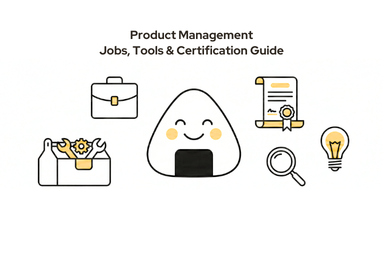 Minimalist illustration showing the pillars of product management including strategy, tools, jobs, and certification