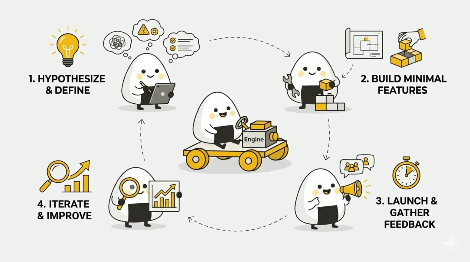 A conceptual diagram illustrating the mvp meaning by showing the mvp development process—moving from a simple functional slice to a complete product to explain the Build-Measure-Learn feedback loop.