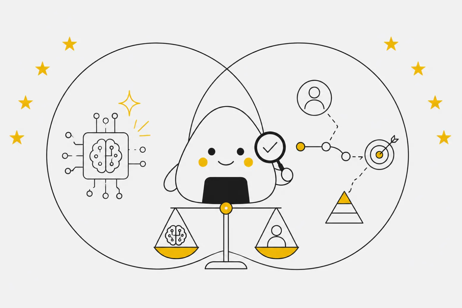 An abstract illustration representing the intersection of European product management and artificial intelligence, focusing on human judgment over hype