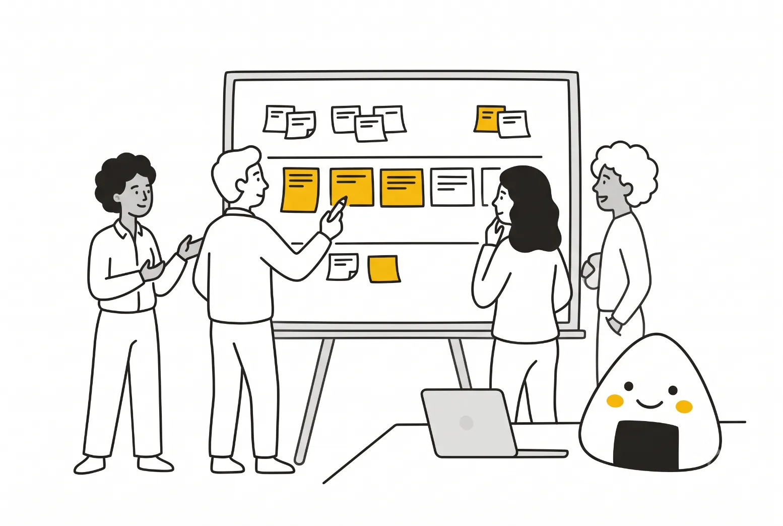 Scrum team reviewing a product backlog on a whiteboard during a refinement session